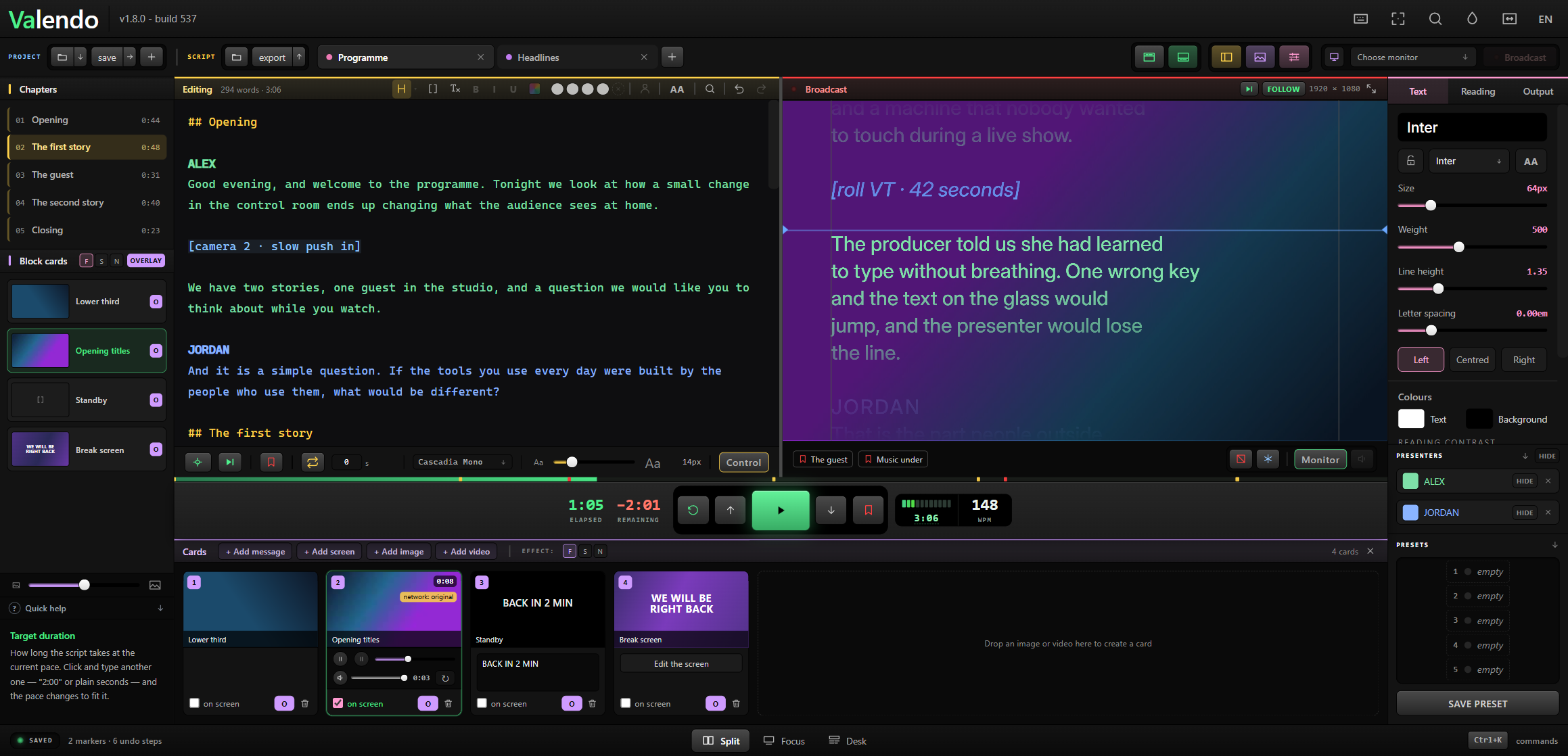 A video card on air with the script scrolling over it on a dark band