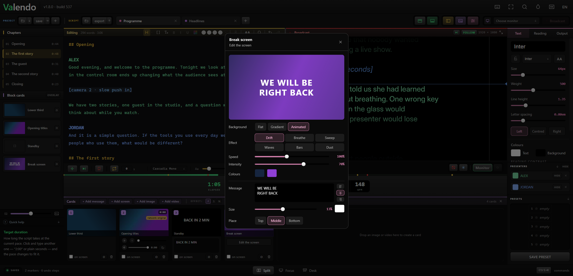 The screen editor open over the console, with a live preview of the card above its controls