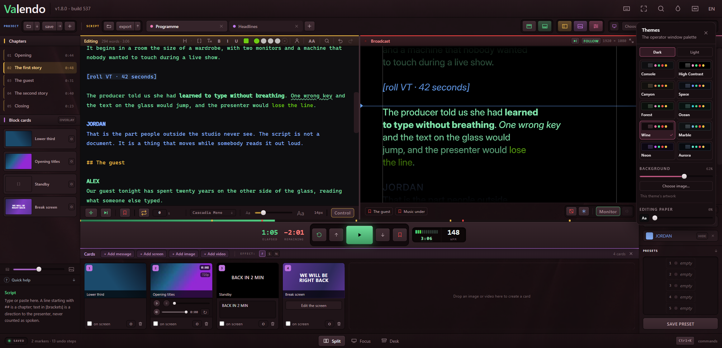 The theme panel open over the console