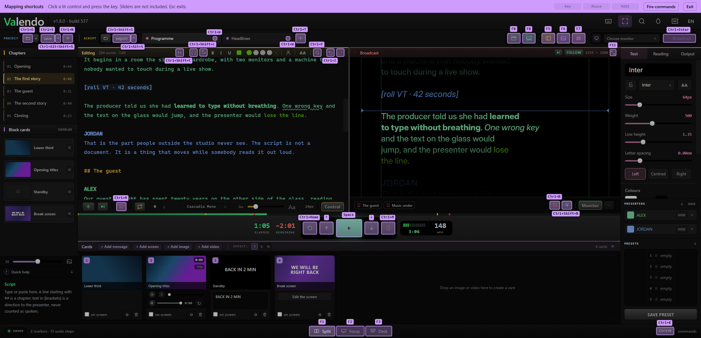 Mapping mode: every mappable control lit in purple with its current key printed on it