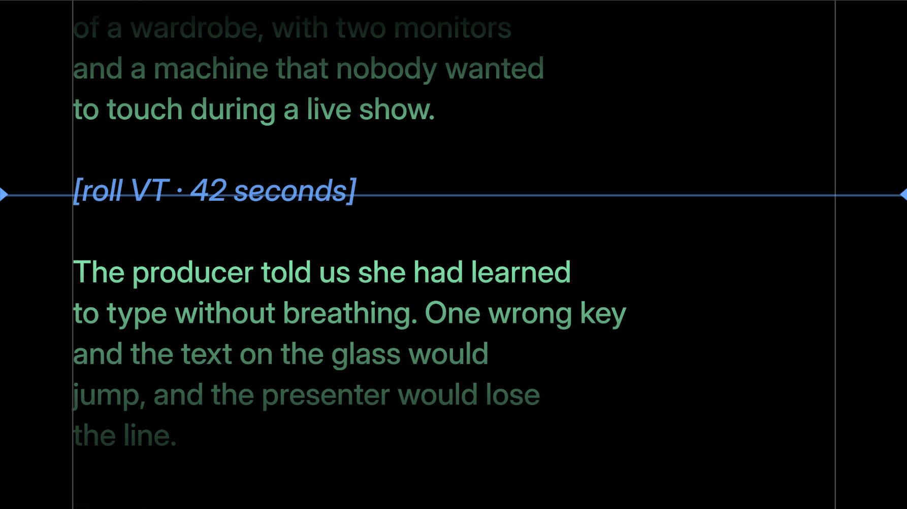 The presenter's screen with the names hidden: each speaker's lines in their own colour