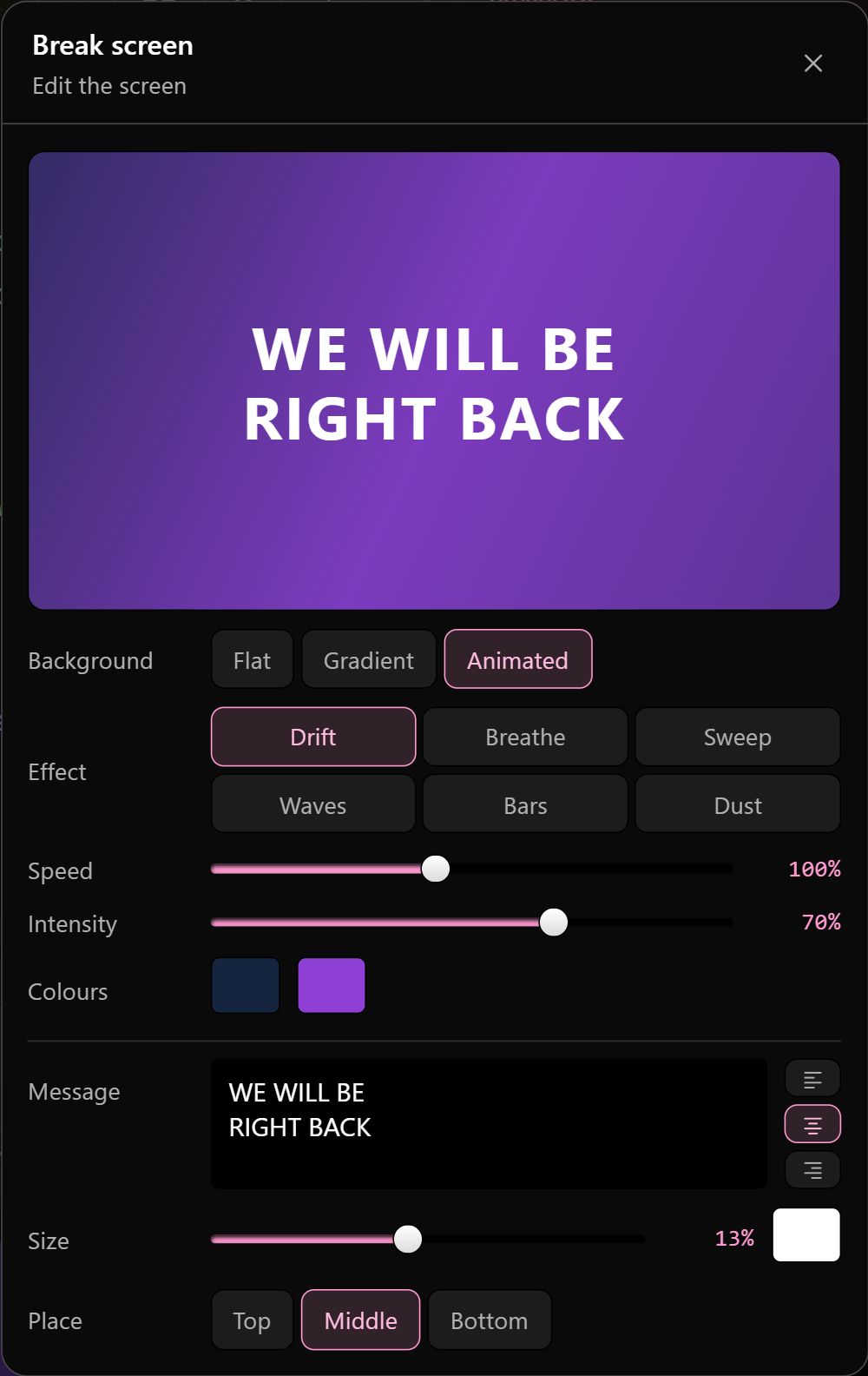 The screen editor: background, effect, speed, intensity, colours, message, size and placement