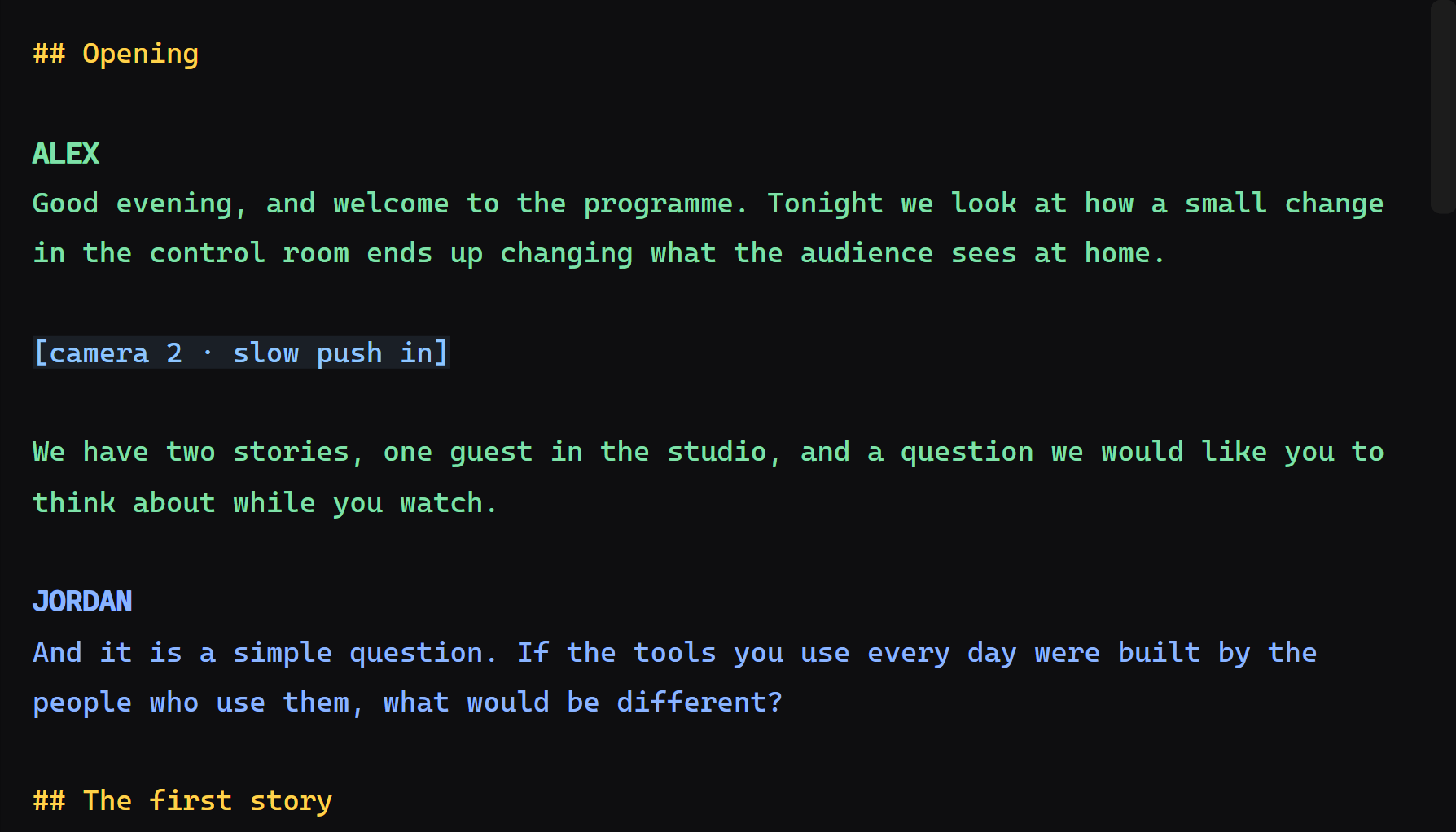 A script with bold, italic and coloured passages